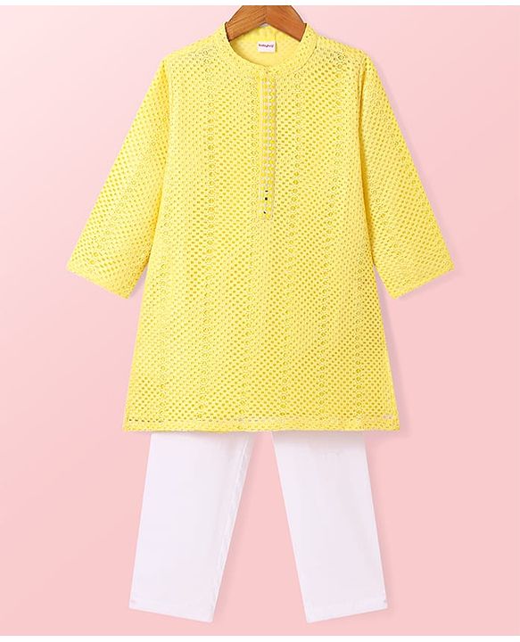 Babyhug Woven Full Sleeves Solid Kurta Pyjama Set - Yellow