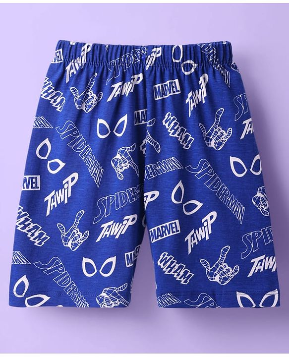 Babyhug Marvel Single Jersey Knit Half Sleeves Shorts Night Suit With Spider-Man Graphic - White & Blue