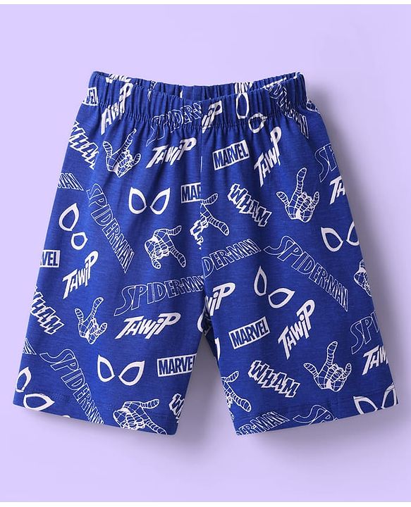 Babyhug Marvel Single Jersey Knit Half Sleeves Shorts Night Suit With Spider-Man Graphic - White & Blue