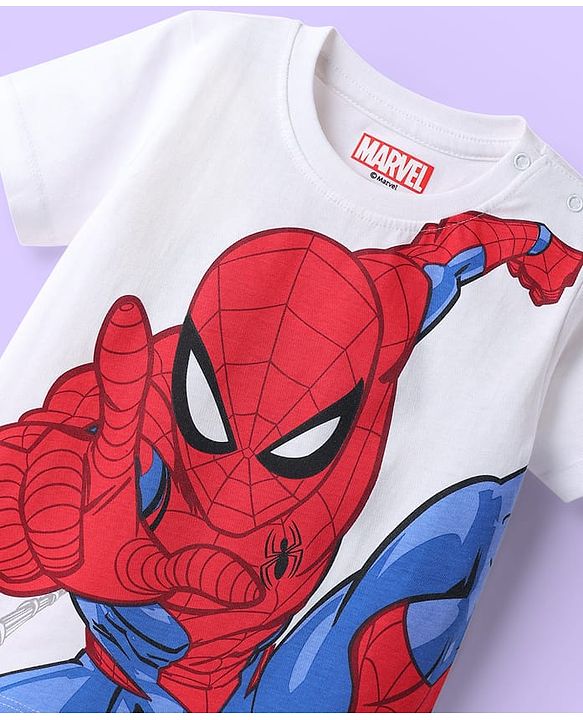 Babyhug Marvel Single Jersey Knit Half Sleeves Shorts Night Suit With Spider-Man Graphic - White & Blue