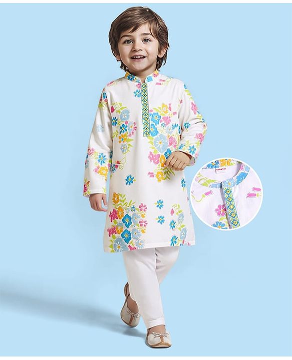 Babyhug Cambric Cotton Woven Full Sleeves Kurta Pyjama Set with Floral Print - White