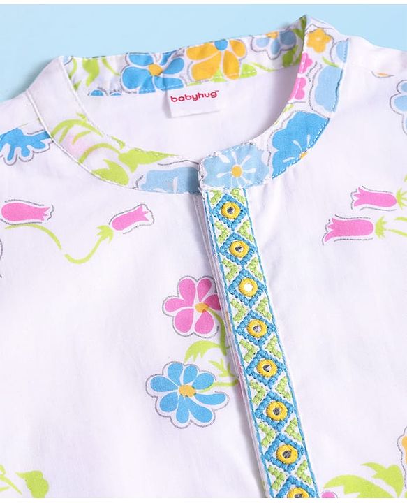 Babyhug Cambric Cotton Woven Full Sleeves Kurta Pyjama Set with Floral Print - White