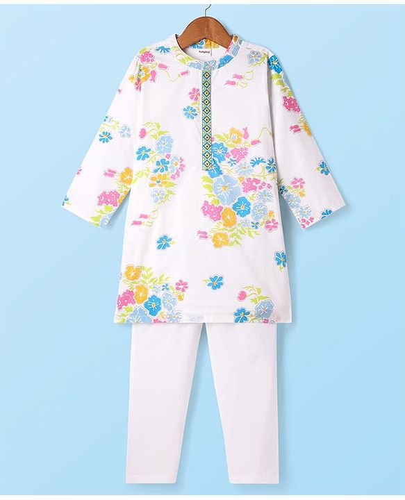 Babyhug Cambric Cotton Woven Full Sleeves Kurta Pyjama Set with Floral Print - White