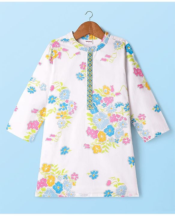 Babyhug Cambric Cotton Woven Full Sleeves Kurta Pyjama Set with Floral Print - White