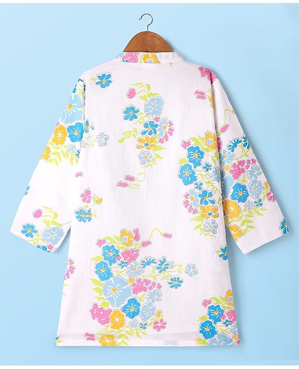 Babyhug Cambric Cotton Woven Full Sleeves Kurta Pyjama Set with Floral Print - White