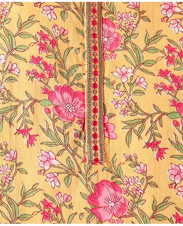 Babyhug Cotton Woven Full Sleeves Kurta Pyjama Set with Cambric Floral Print - Yellow