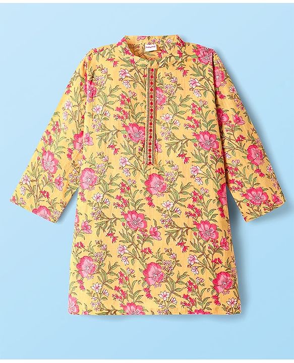 Babyhug Cotton Woven Full Sleeves Kurta Pyjama Set with Cambric Floral Print - Yellow