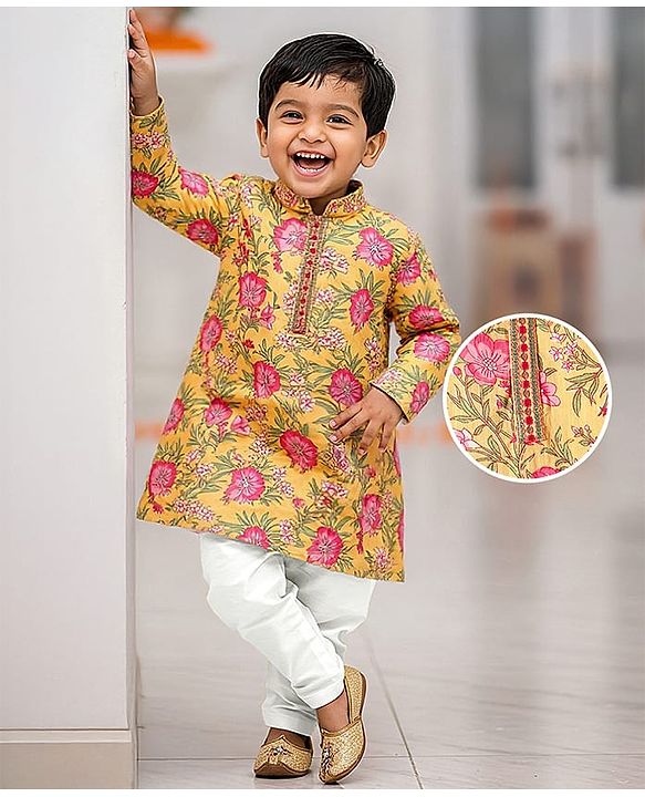 Babyhug Cotton Woven Full Sleeves Kurta Pyjama Set with Cambric Floral Print - Yellow