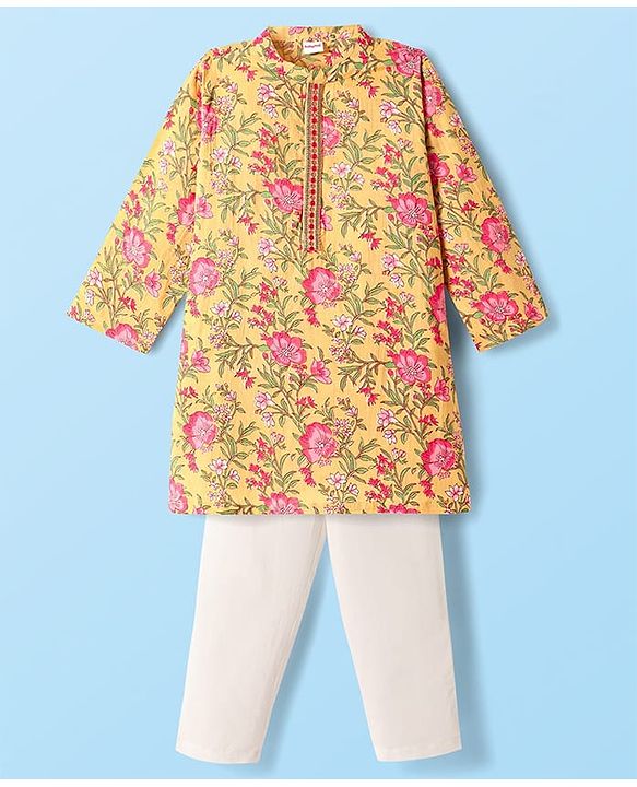 Babyhug Cotton Woven Full Sleeves Kurta Pyjama Set with Cambric Floral Print - Yellow