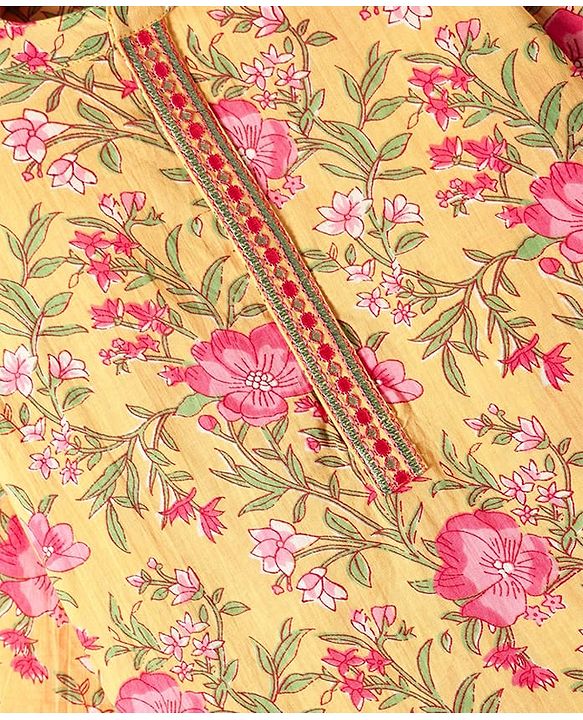 Babyhug Cotton Woven Full Sleeves Kurta Pyjama Set with Cambric Floral Print - Yellow