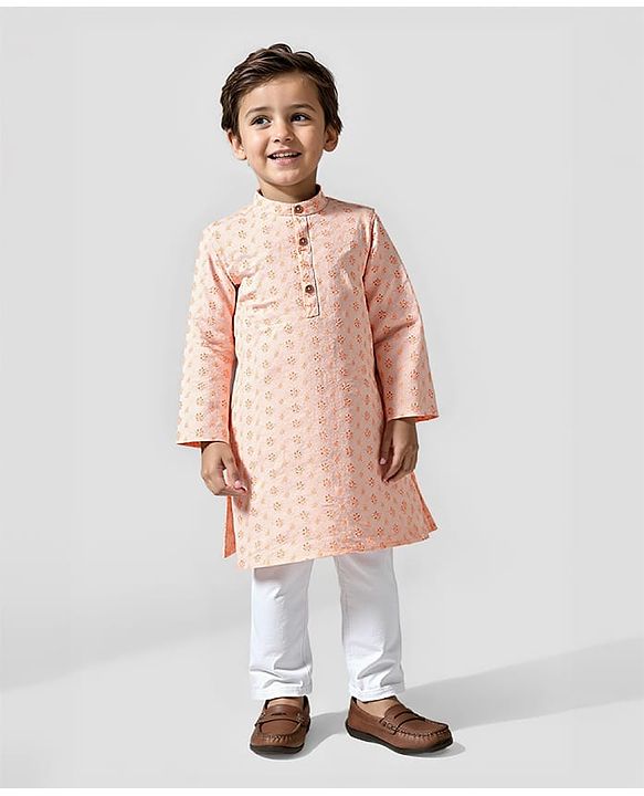Babyhug Cotton Woven Full Sleeves Kurta Pyjama Set With Schiffli Embroidery - Light Orange