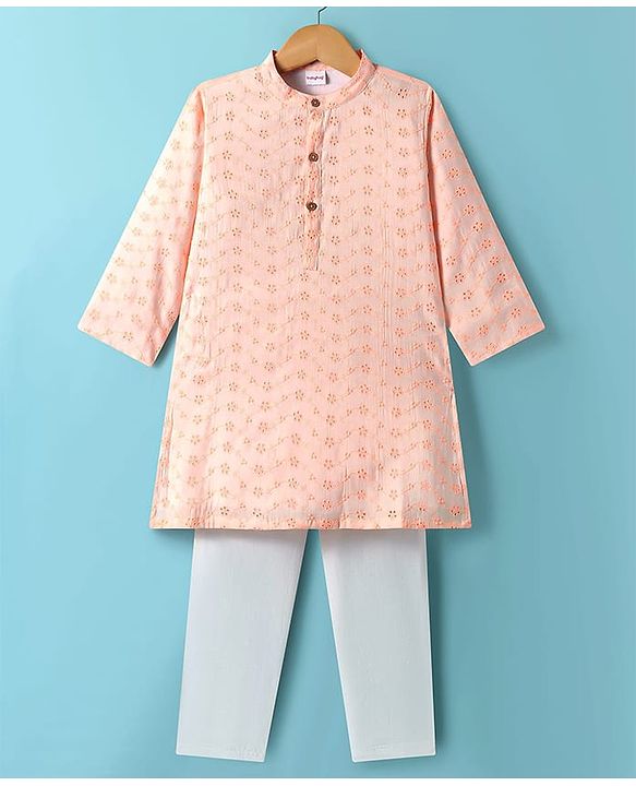 Babyhug Cotton Woven Full Sleeves Kurta Pyjama Set With Schiffli Embroidery - Light Orange