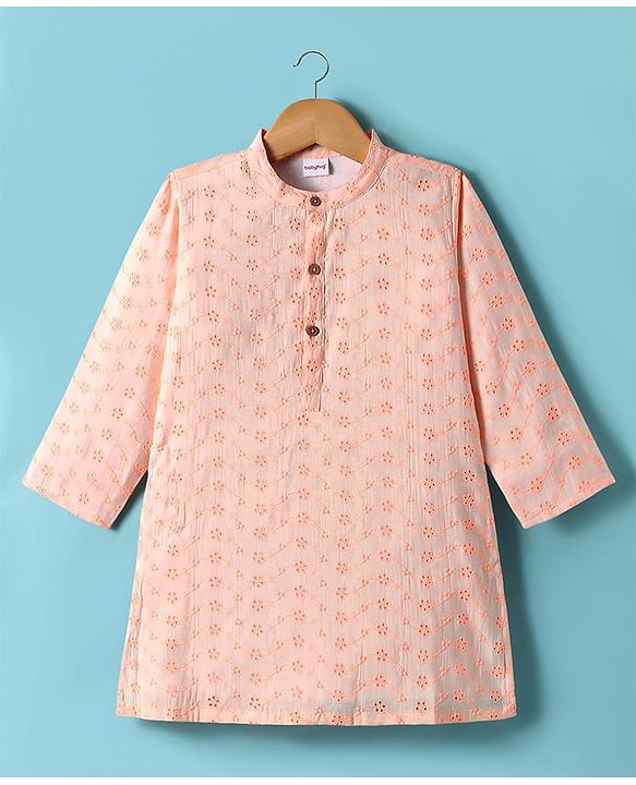 Babyhug Cotton Woven Full Sleeves Kurta Pyjama Set With Schiffli Embroidery - Light Orange