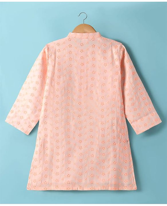 Babyhug Cotton Woven Full Sleeves Kurta Pyjama Set With Schiffli Embroidery - Light Orange
