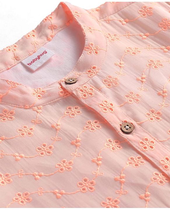 Babyhug Cotton Woven Full Sleeves Kurta Pyjama Set With Schiffli Embroidery - Light Orange