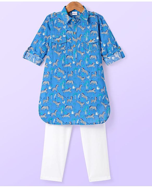 Babyhug Cambric Woven Full Sleeves Collar Neck Kurta Pyjama Set With Zebra Print - Blue