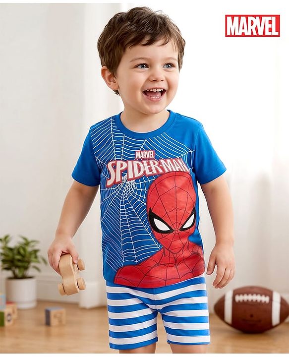 Babyhug Marvel Cotton Knit Half Sleeves Oversized T-Shirt Captain America Graphics Print - Blue