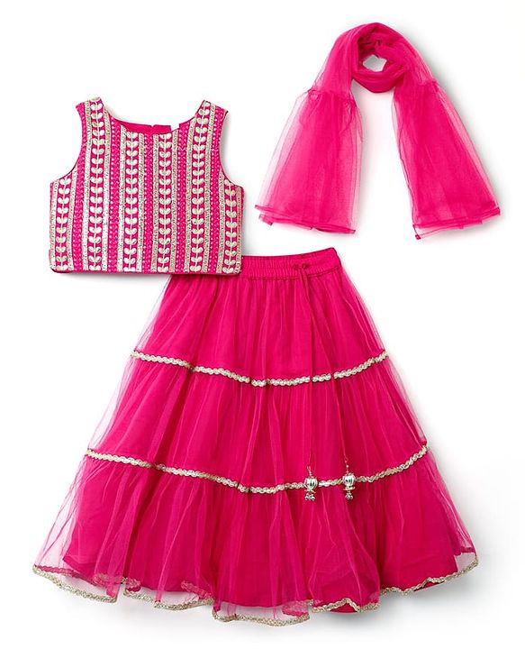 Babyhug Woven Sleeveless Choli Lehenga Set & Dupatta With Floral Embroidery & Lace Detailing - Fuschia