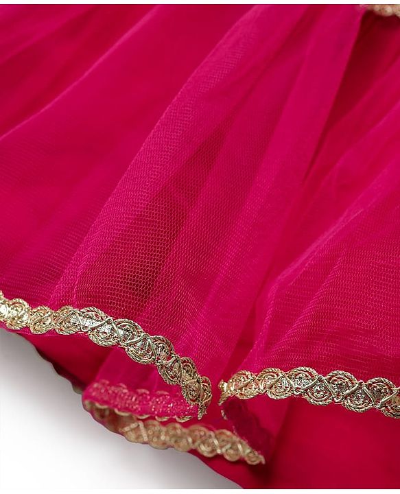 Babyhug Woven Sleeveless Choli Lehenga Set & Dupatta With Floral Embroidery & Lace Detailing - Fuschia