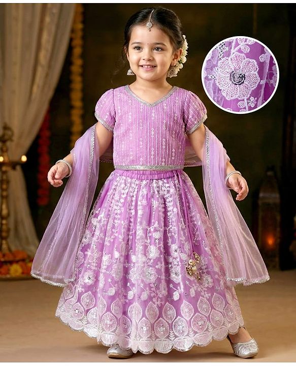 Babyhug Woven Half Sleeves Sequin Detailing Lehenga Choli & Dupatta Set With Floral Embroidery  - Purple