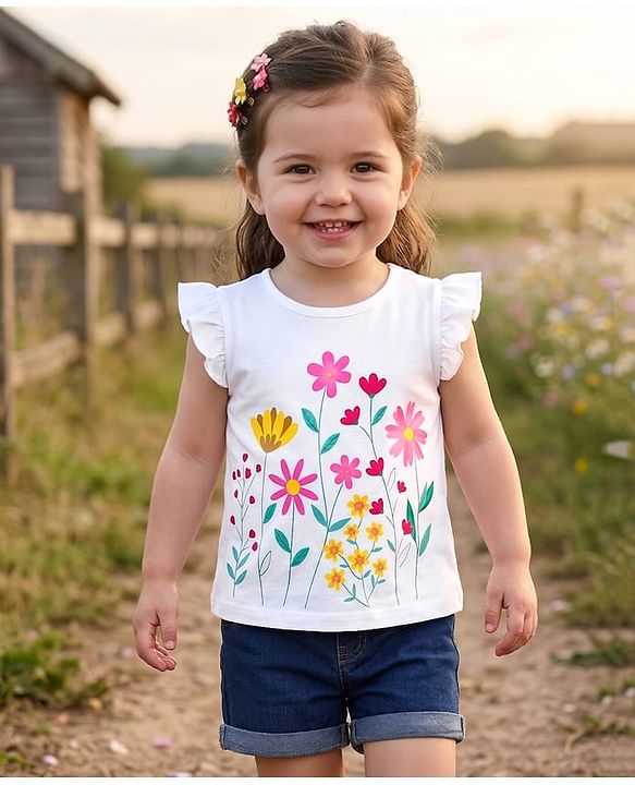 Babyhug Single Jersey Knit Frill Sleeves Floral Printed Top & Shorts Set - White & Navy Blue