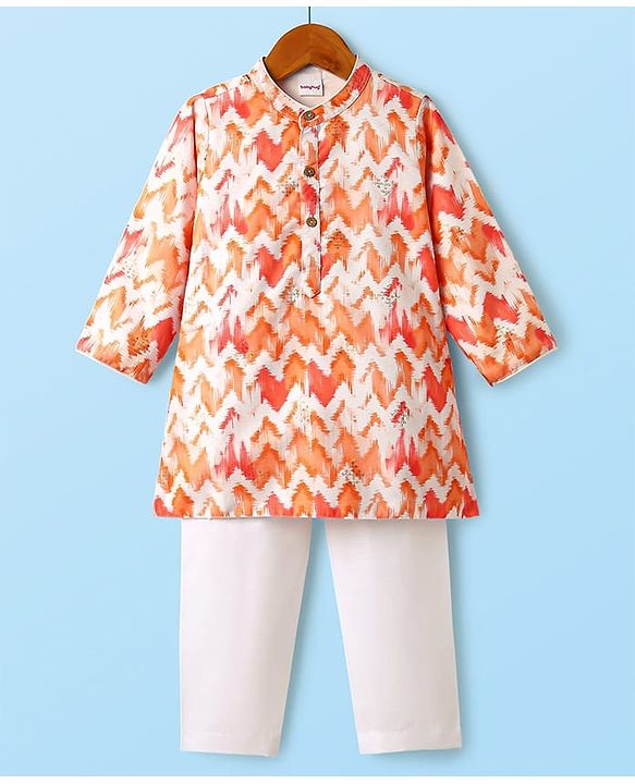 Babyhug Woven Full Sleeves Printed Kurta & Pajama Set With  Sequin Embroidery - Orange & White