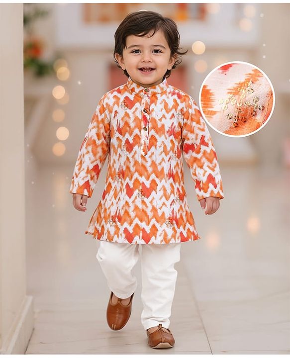 Babyhug Woven Full Sleeves Printed Kurta & Pajama Set With  Sequin Embroidery - Orange & White