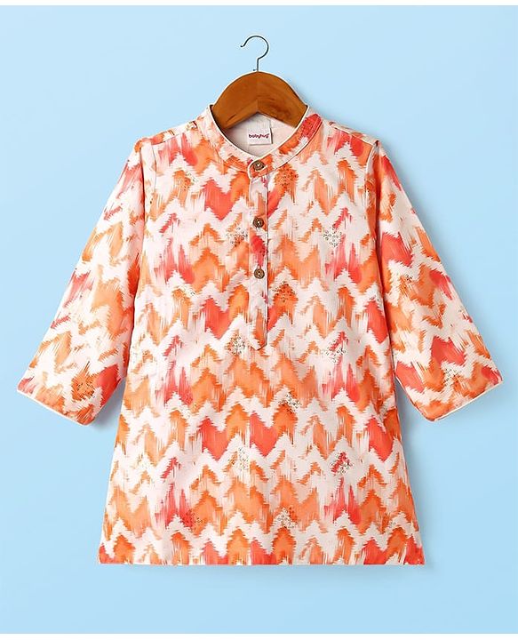 Babyhug Woven Full Sleeves Printed Kurta & Pajama Set With  Sequin Embroidery - Orange & White