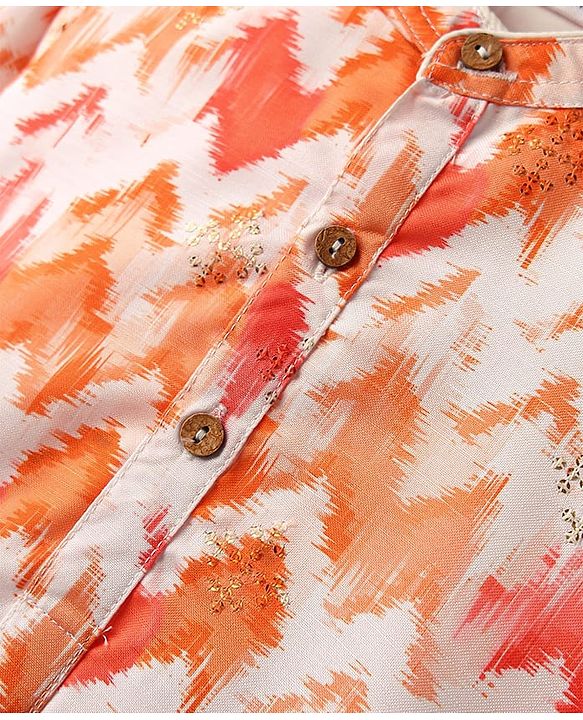 Babyhug Woven Full Sleeves Printed Kurta & Pajama Set With  Sequin Embroidery - Orange & White
