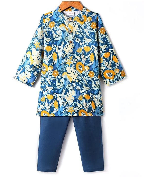 Babyhug Cambric Woven Full Sleeves Kurta Pyjama Set with Floral Print - Blue