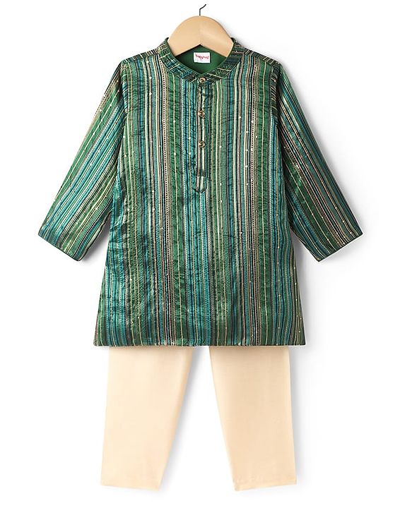 Babyhug Woven Full Sleeves Embroidered Kurta & Pyjama Set - Dark Green
