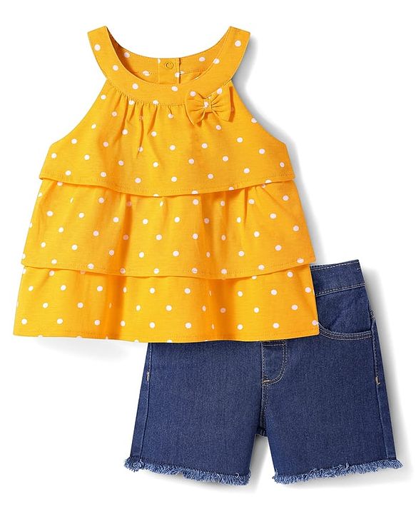 Babyhug Single Jersey Knit Sleeveless Halter Neck Top & Shorts Set with Polka Dots Print & Bow Applique - Yellow & Blue