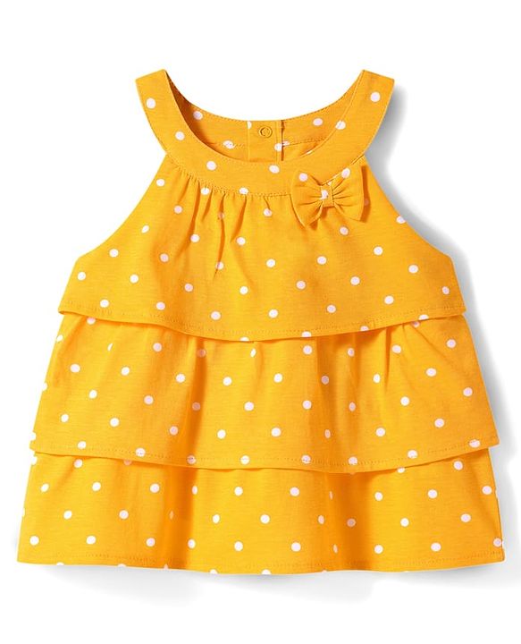 Babyhug Single Jersey Knit Sleeveless Halter Neck Top & Shorts Set with Polka Dots Print & Bow Applique - Yellow & Blue