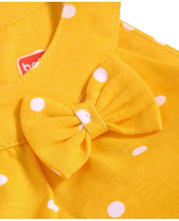 Babyhug Single Jersey Knit Sleeveless Halter Neck Top & Shorts Set with Polka Dots Print & Bow Applique - Yellow & Blue
