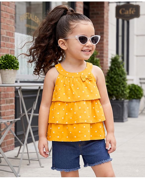 Babyhug Single Jersey Knit Sleeveless Halter Neck Top & Shorts Set with Polka Dots Print & Bow Applique - Yellow & Blue