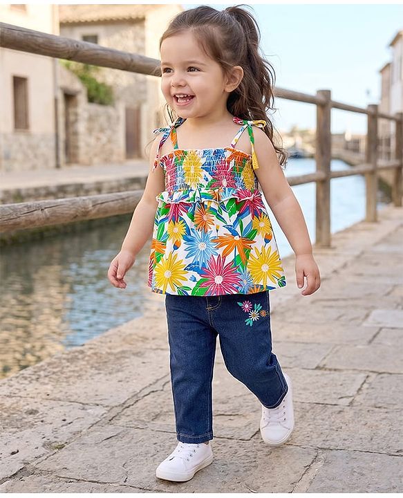 Babyhug Single Jersey Knit Singlet Sleeves Top & Denim Jeans with Floral Print & Embroidery - Blue