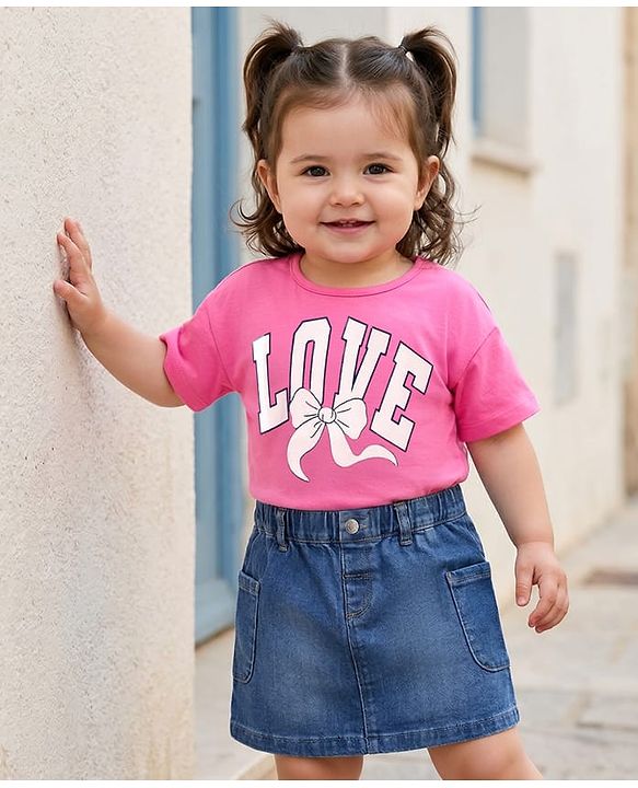 Babyhug Single Jersey Knit Half Sleeves Top & Denim Skirt Set With Love Print - Pink & Blue