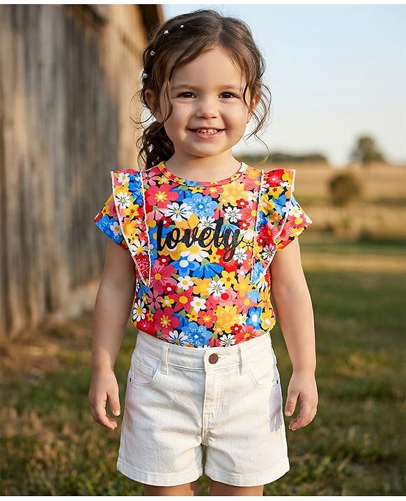 Babyhug Single Jersey Knit Half Sleeves Top & Denim Shorts Set with Floral Print & Frill Detailing - White