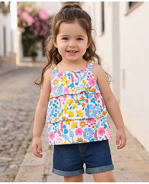 Babyhug Single Jersey Knit Sleeveless Top & Shorts Set with Floral Print - White & Blue