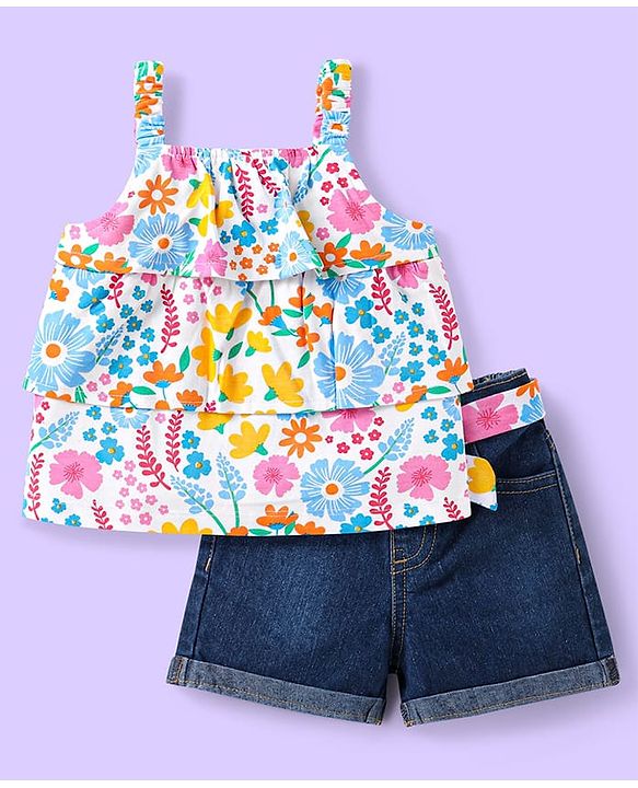 Babyhug Single Jersey Knit Sleeveless Top & Shorts Set with Floral Print - White & Blue
