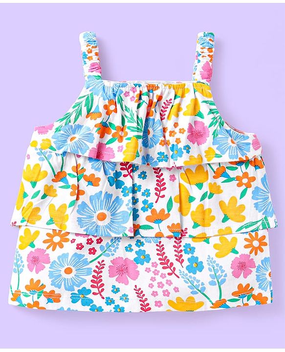 Babyhug Single Jersey Knit Sleeveless Top & Shorts Set with Floral Print - White & Blue