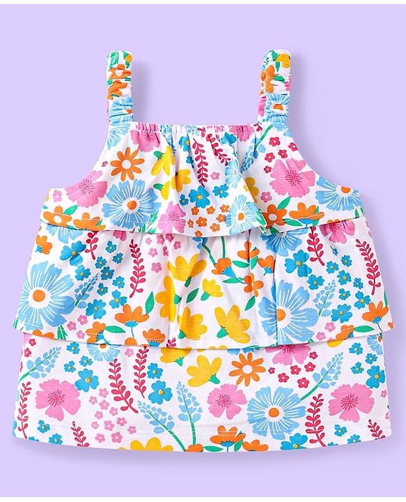 Babyhug Single Jersey Knit Sleeveless Top & Shorts Set with Floral Print - White & Blue