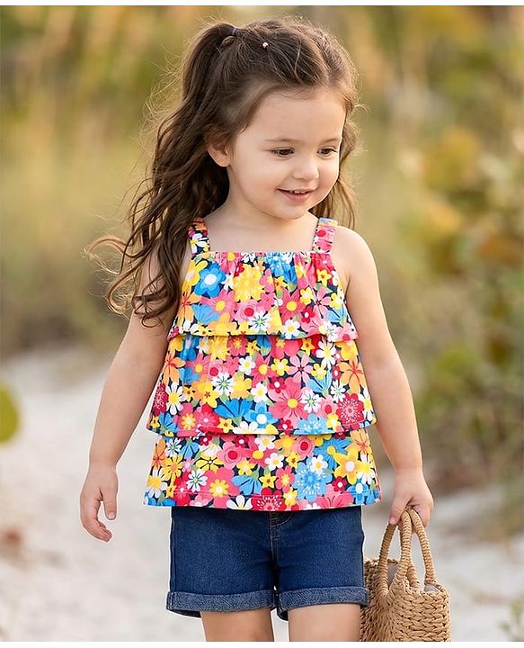 Babyhug Single Jersey Knit Sleeveless Top & Shorts Set with Floral Print - Multicolor