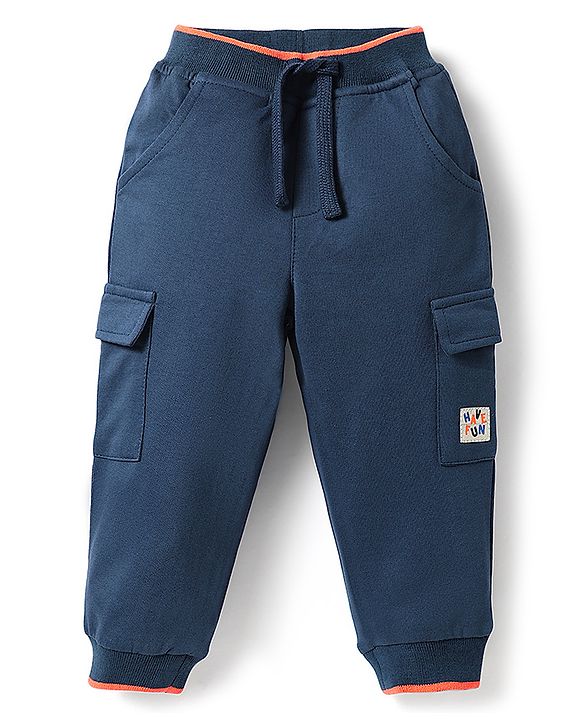 Babyhug Cotton Looper Knit Full Length Lounge Pant With Patch Detailing - Navy Blue