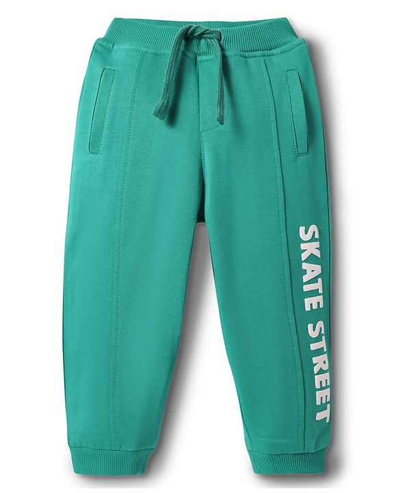 Babyhug Cotton Looper Knit Full Length Lounge Pant With Text Print - Green