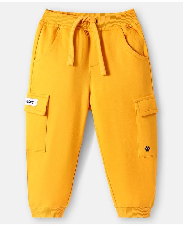 Babyhug Cotton Looper Full Length Lounge Pant with Pockets & Patch Detailing - Yellow