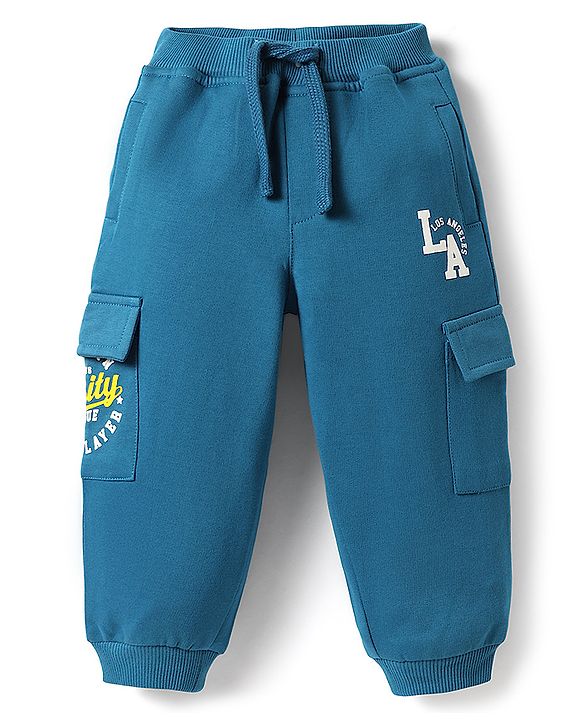Babyhug Cotton Looper Knit Full Length Lounge Pant With LA Print - Blue