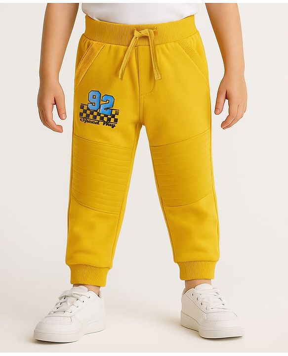 Babyhug Cotton Looper Full Length Knit Cut & Sew Lounge Pant with Text Print - Yellow