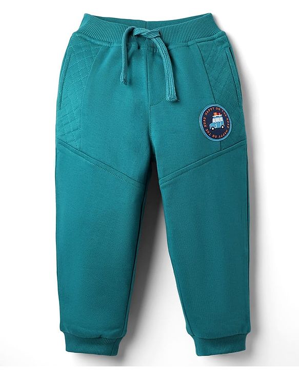 Babyhug Cotton Looper Knit Full Length Cut & Sew Lounge Pant with Patch Detailing - Teal Blue