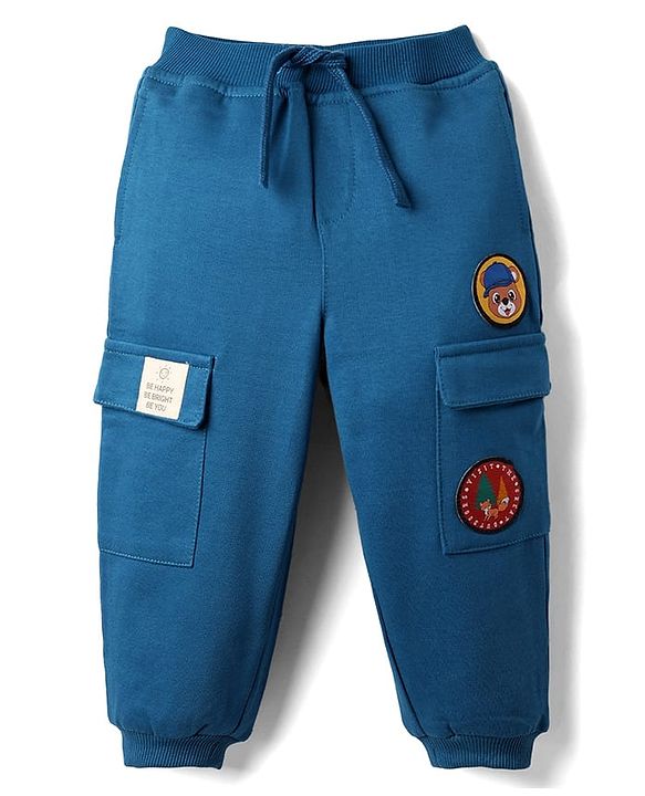 Babyhug Cotton Looper Knit Full Length Lounge Pant with Patch & Pocket Detailing - Navy Blue